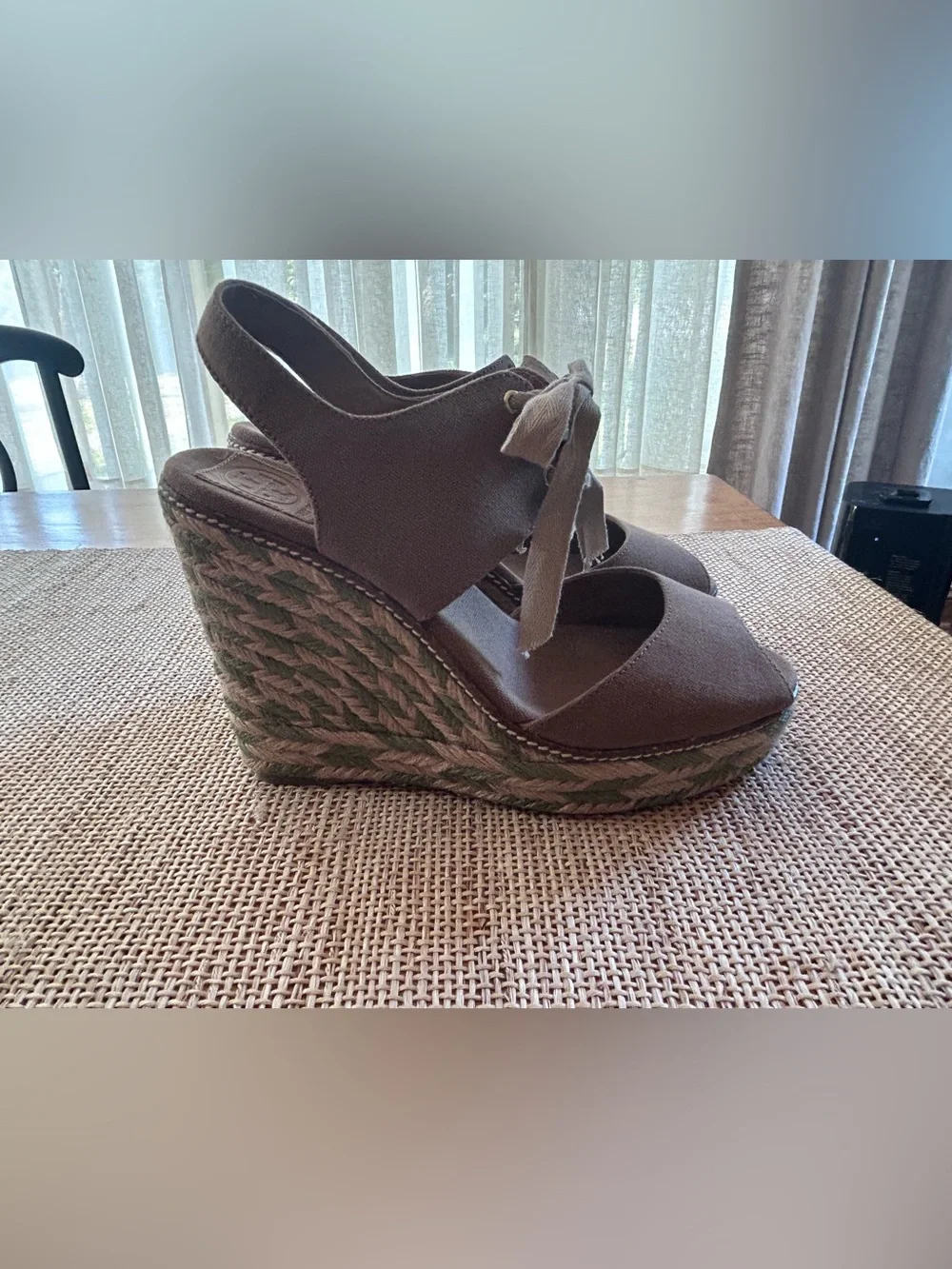 Tory Burch Wedge Sandals w/Brown Canvas,Peep Toe,Slingback & LaceUp Detail. 11